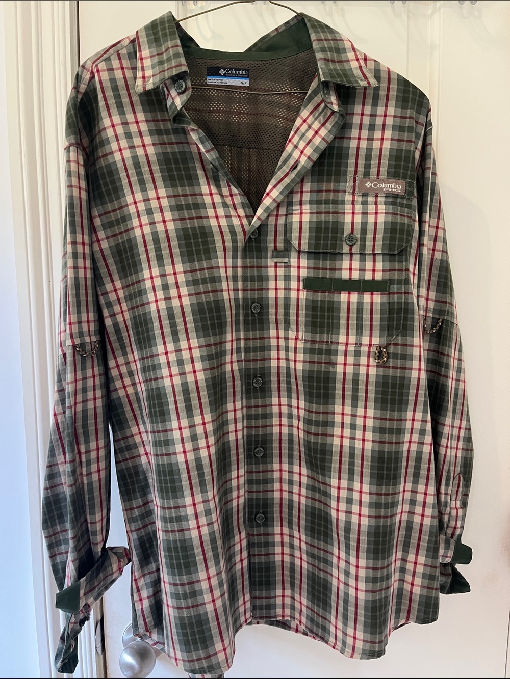 Columbia Olive Green Plaid Button-Down Shirt with Red Accents